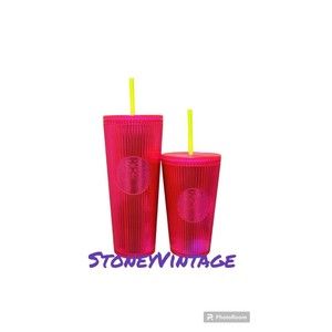 NWT SET Starbucks 2023 Summer Pleated Neon Pink Magenta Grande & Venti Tumblers!